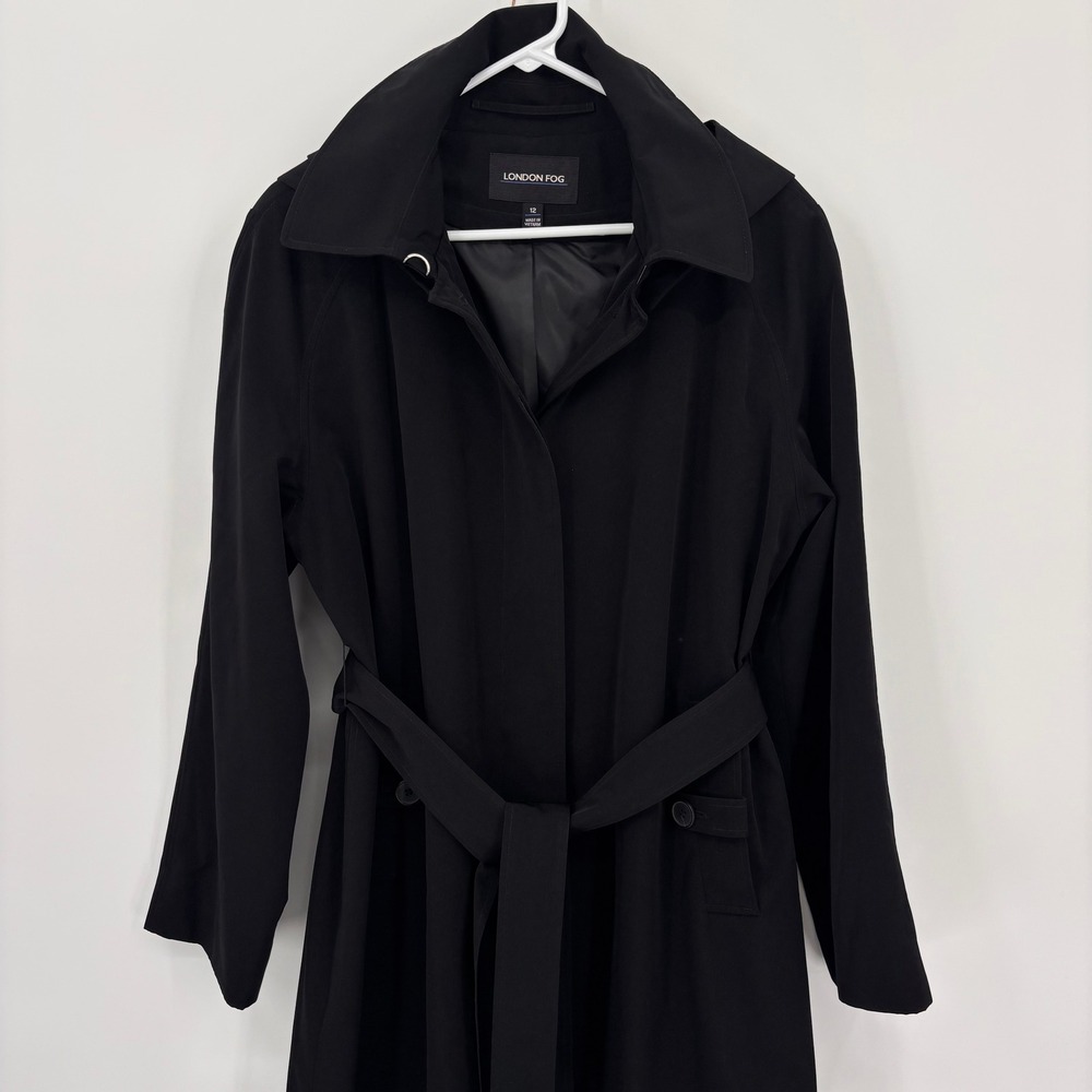 London Fog Trench Coat Women 12 Black Excellent Belted Longline Button Front